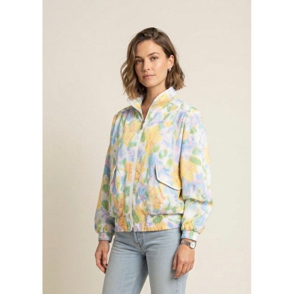 Lavon Windbreaker Jacket Womens Large Pastel Floral Watercolor Full Zip Vintage
